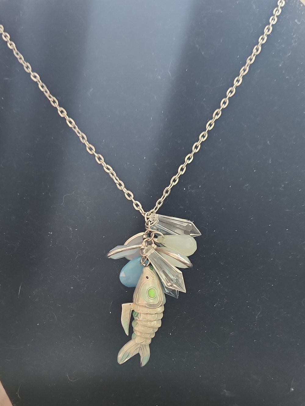 Gold Fish Charm Necklace with Blue and Cream Accents
